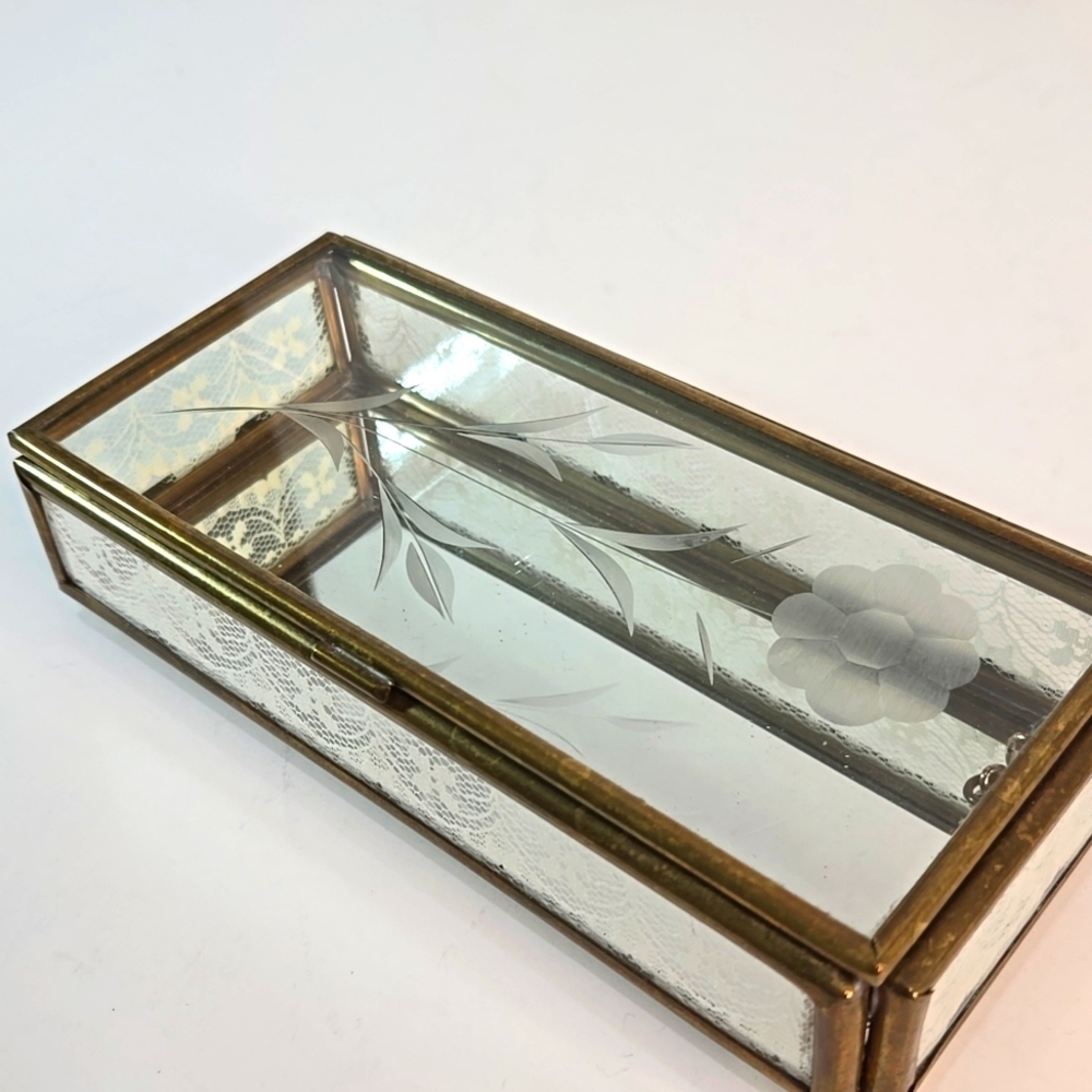 Vintage Etched Glass Jewelry Trinket Box Hinge-Lid Lace Gold Frame Shabby Chic